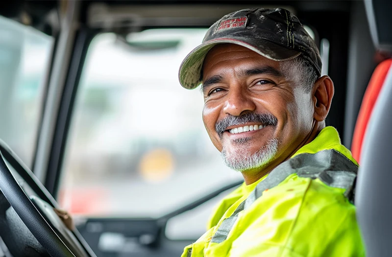 Smiling truck driver sitting in drivers seat