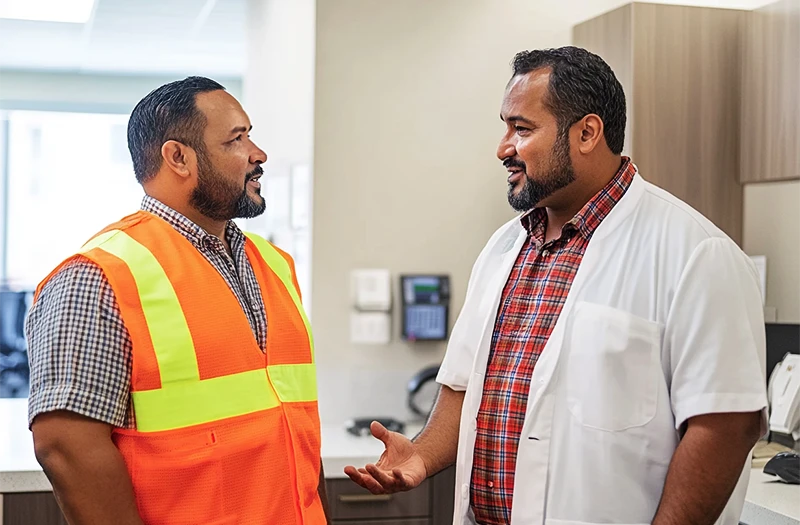 construction worker chatting with their doctor